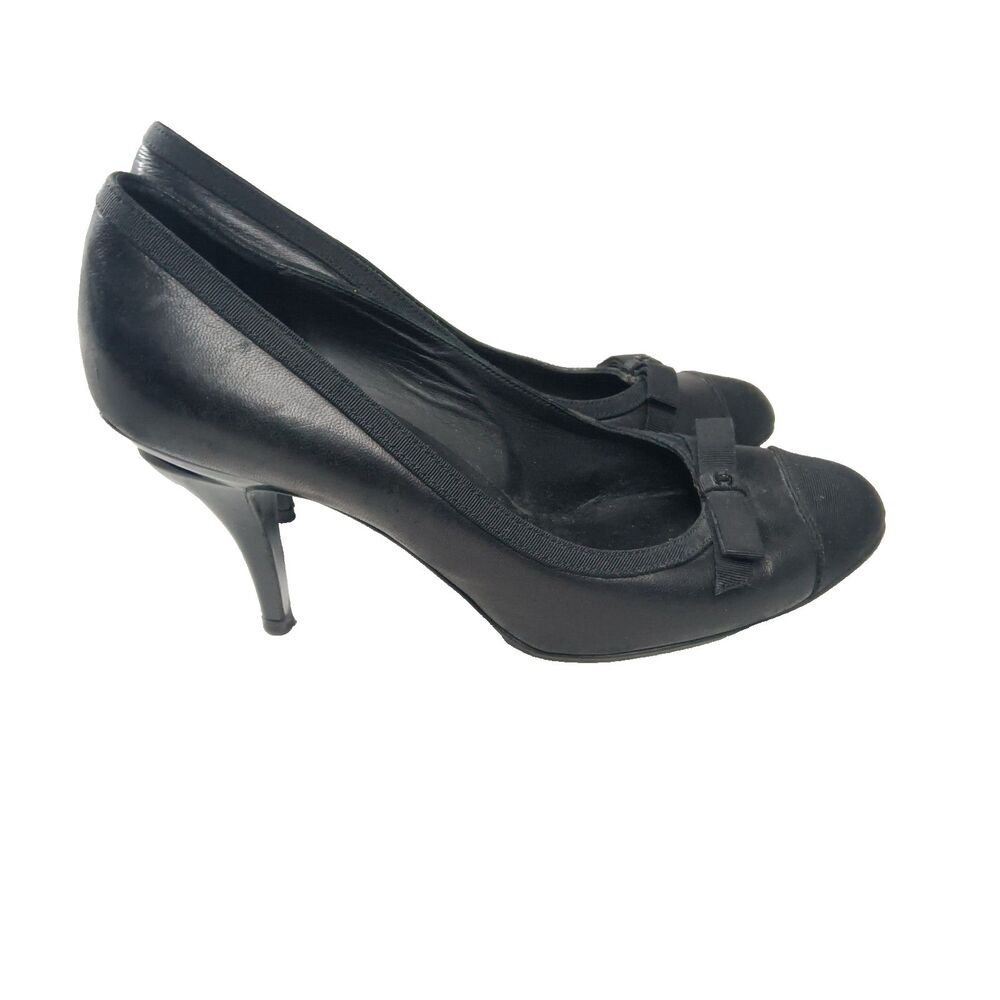 Chanel Black Leather~Satin Cap Toe CC Bows Pumps Sz 35.5 Shoes Sculptural Heels - Picture 4 of 11